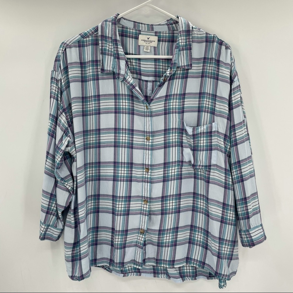AEO Blue & Purple Plaid Button Down
